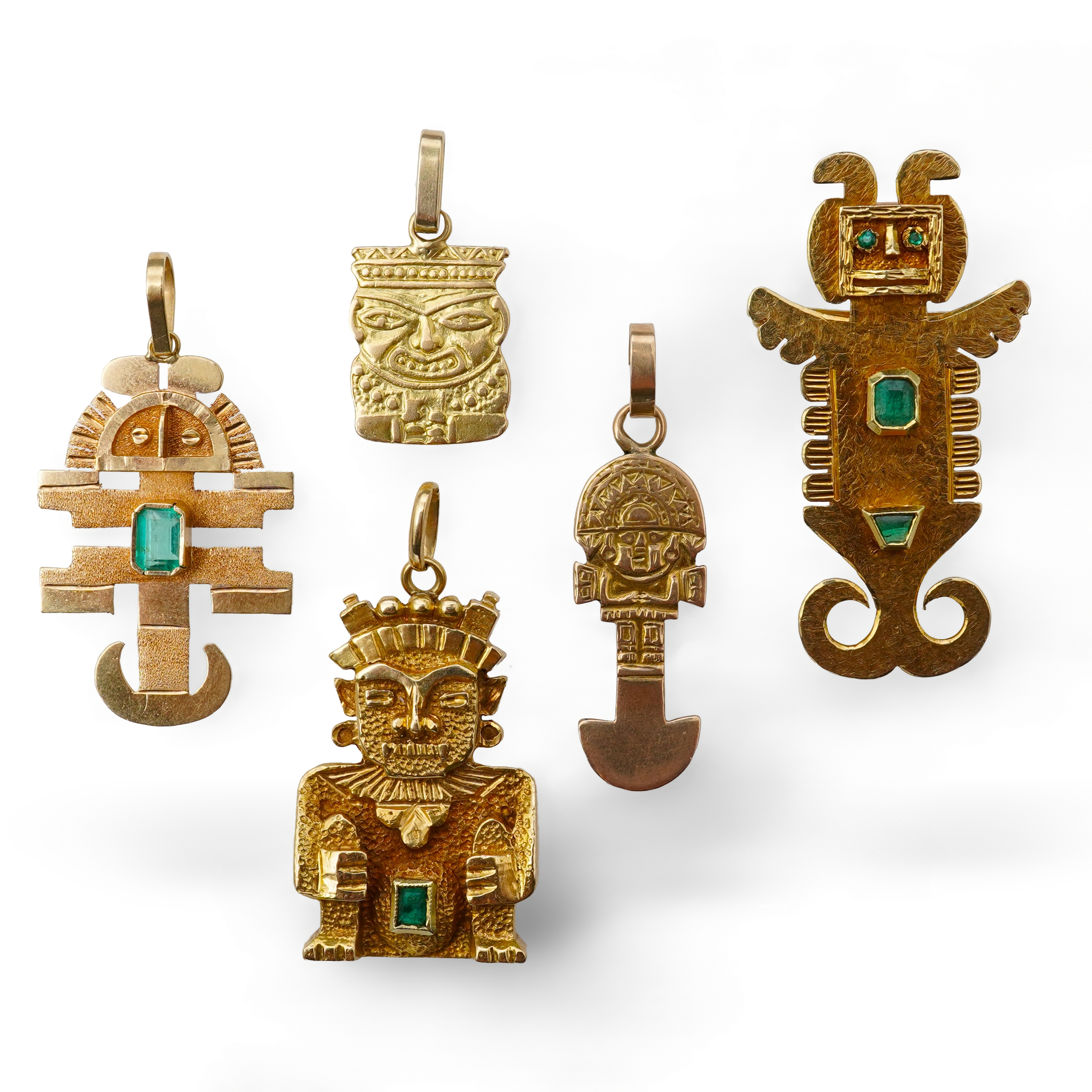 A collection of five gold pendants